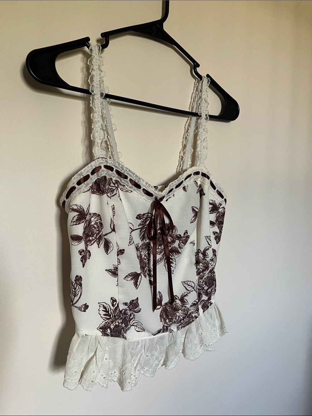 T.J.Maxx White Camisole with Brown Floral Print and Lace